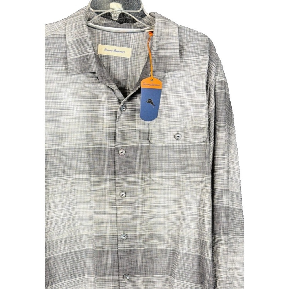 Tommy Bahama Silk Cotton Button Up Shirt Big & Tall 1XB Gray White Plaid NWT
